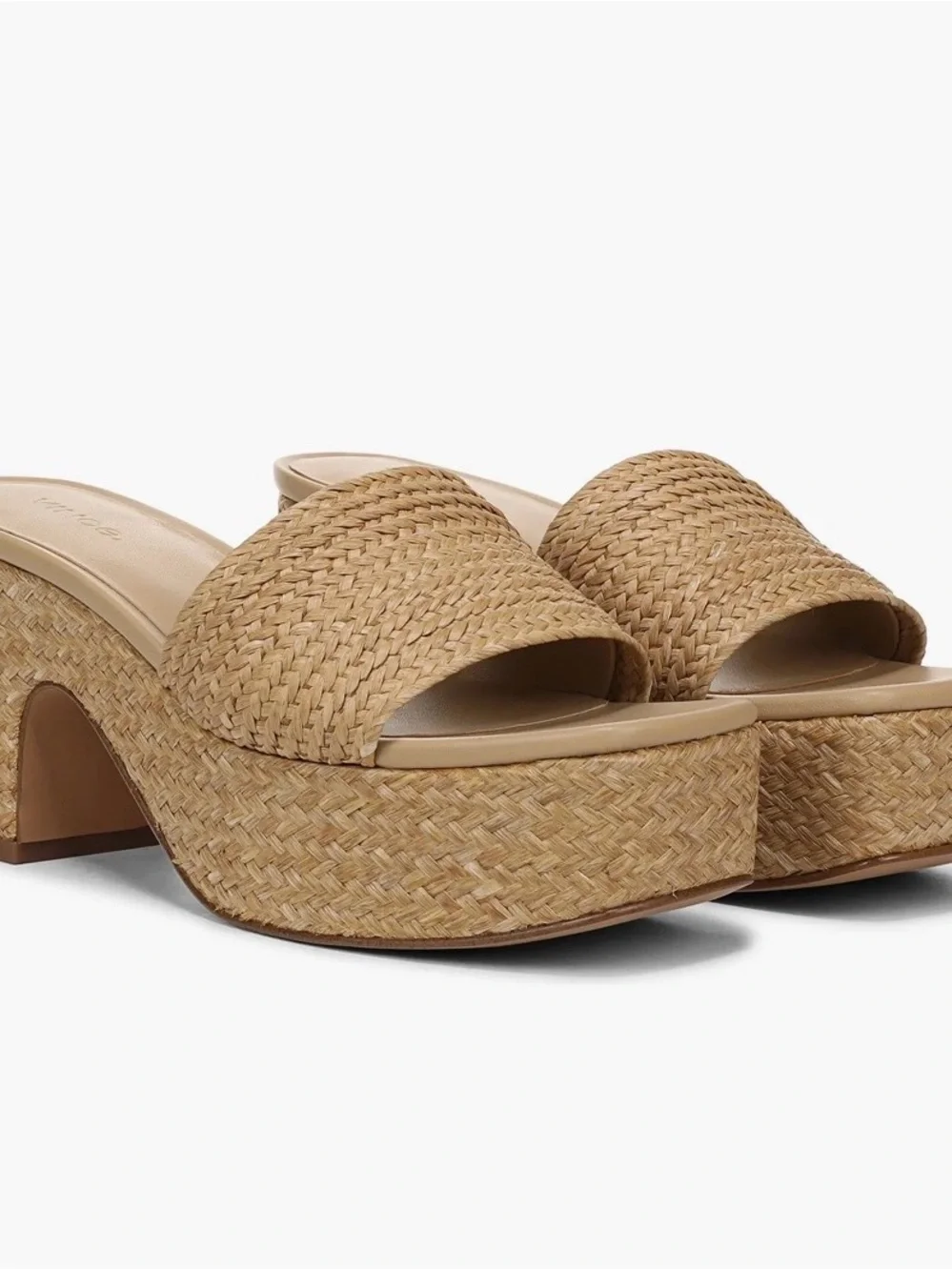 Vince Tan Woven Straw Platform Slide Sandals
